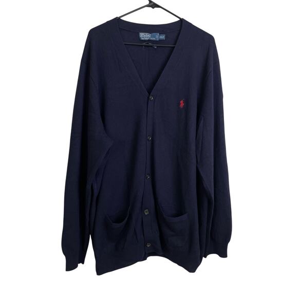 Vtg 90s Polo Ralph Lauren Cardigan Sweater 2XLT Tall Navy Button Up Elbow Patch - Picture 1 of 9